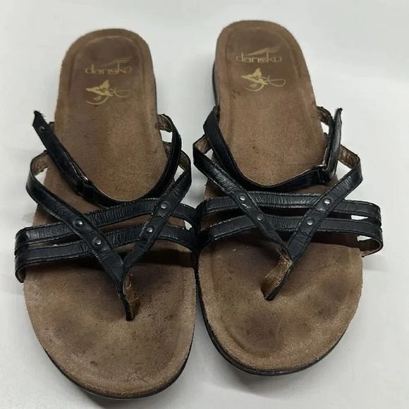 Dansko Flip Flop Sandals Strappy Black Leather Adjustable Strap Size 41 10.5 11 - Picture 2 of 12
